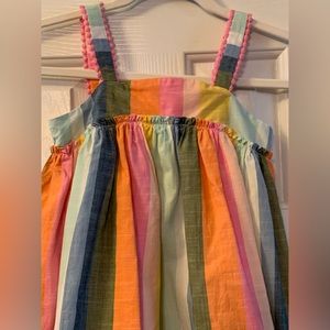 Bright Orange Pink Cotton Smocked Vertical Stripped Crochet Trim dress. Size 7